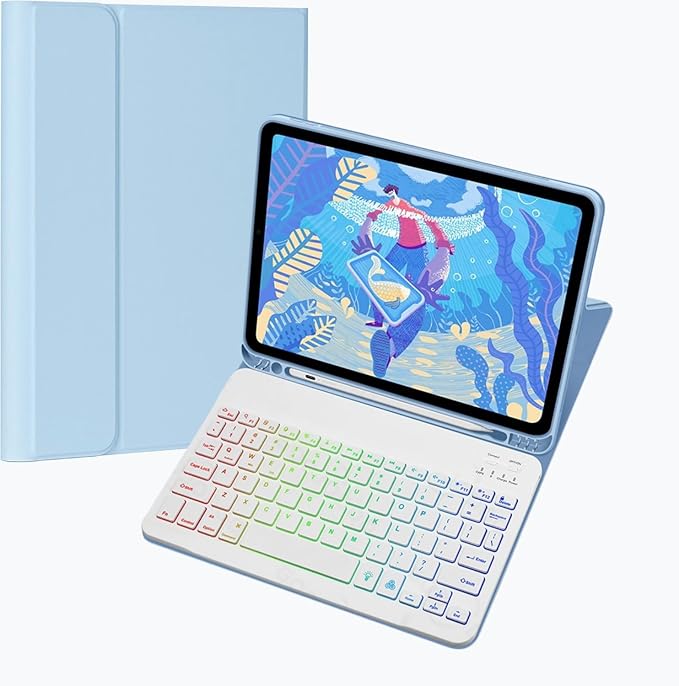 Keyboard Case for Galaxy Tab S10 Lite/ S10 FE/ S9 FE/S9/S8/S7, Slim Lightweight 7 Color Rainbow Backlight Detachable Magnetic Keyboard Cover with S Pen Holder, Sky Blue