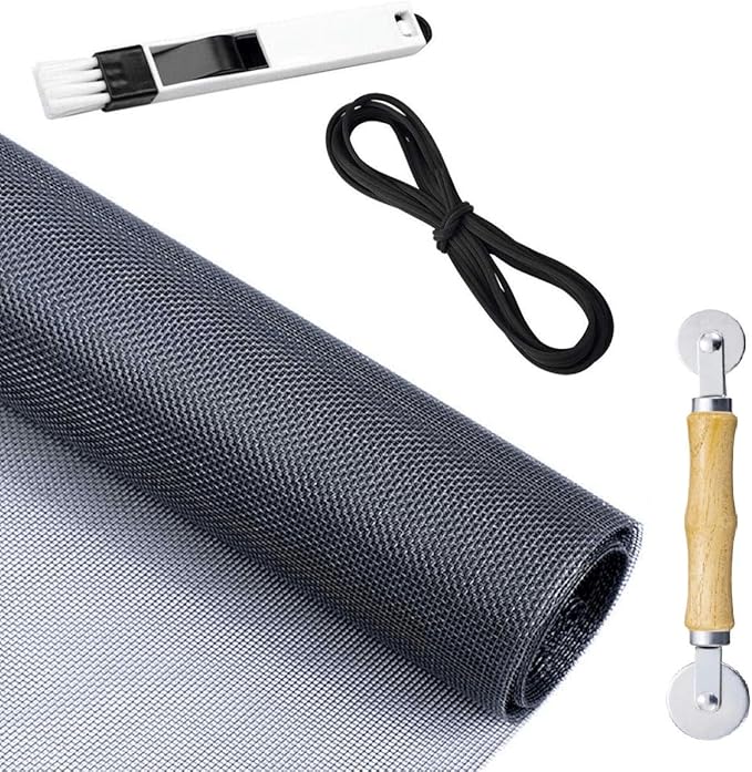 Screen Repair Kit for Windows or Doors Adjustable Fiberglass Screens with Rolling Tool, Screen Retainer Spline and Sliding Door Cleaning Brush (36" x 84", Black)