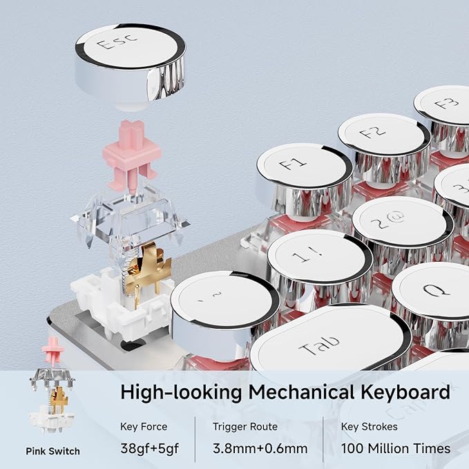 EWEADN Typewriter Style Mechanical Gaming Keyboard, Wired Mechanical Keyboards,104 Keys Backlit LED Keyboards, Media Control Knob, Wired Computer Keyboard Pink Switch for Windows/Mac/PC-White
