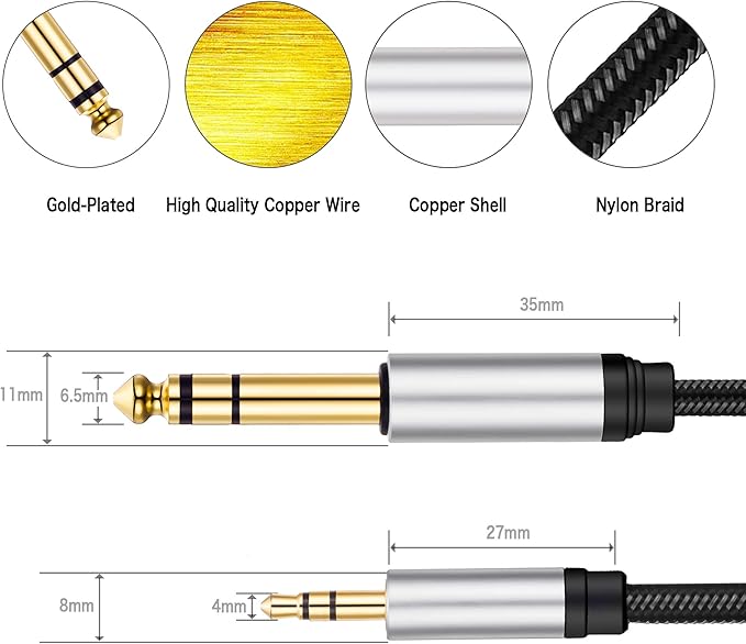 3.5 mm to 6.35 mm Audio Cable 25Ft, Gold-Plated Terminal Silver Color Zinc Alloy Housing 3.5mm 1/8" Male TRS to 6.35mm 1/4" Male TRS Nylon Braided Stereo Audio Cable for Cellphone, Amplifiers(25Ft/8M)