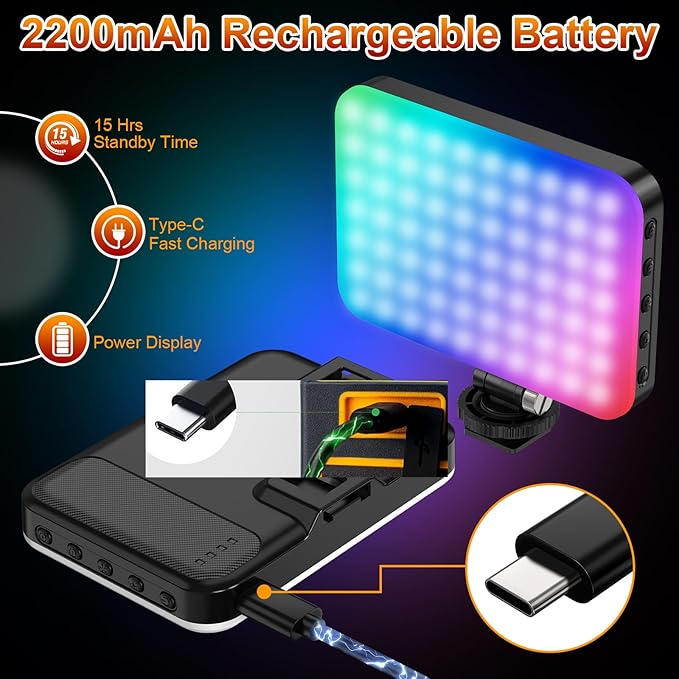 Hagibis RGB Video Light, 360° Full Color Selfie Light LED Camera Light with 3 Cold Shoe Mounts/CRI 97+/20 Scene Modes/2200mAh Rechargeable Portable Phone Light Photography Selfie Lighting
