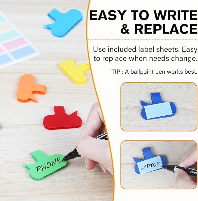 36Pcs Large Cable Cord Labels - 8 Colors Reusable Write-On Wire Tags, Cord Identification Labels for Electronics, with 40Pcs Label Stickers, Cable Management for Home, Office, Oval