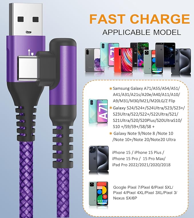 sweguard USB C Cable Right Angle [3Pack, 10FT+6.6FT+3.3FT], USB Type C iPhone 16 Charger Cable Nylon Braided Cord for iPhone 15 16 Pro Max Plus, Samsung Galaxy S25 S24 S23 S22 S21 S10 Note 20 10,Moto