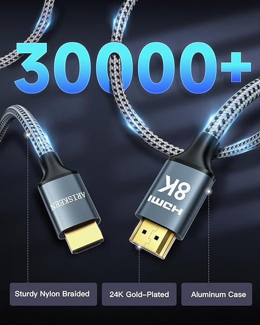 ARISKEEN 8K HDMI Cable 100FT, 48Gbps High Speed Fiber Optic HDMI 2.1 Cable, 8K 60Hz, 4K 120Hz Support for HDR 10, HDCP 2.2 2.3, Unidirectional Braided HDMI Cord Compatible with Laptop/HDTV - 100 Feet