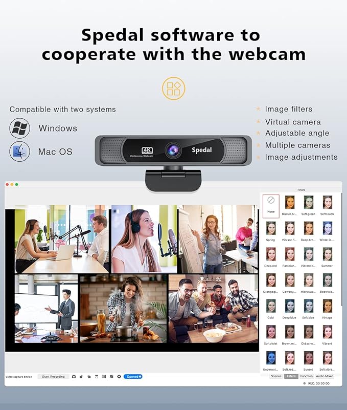 Spedal 4K UHD Webcam with Built-in AI Noise Reduction Dual Microphones,120° Wide Angle Zoomable Webcam with Remote and Software Control for Conferencing/Streaming/Online Teaching/Video Calling