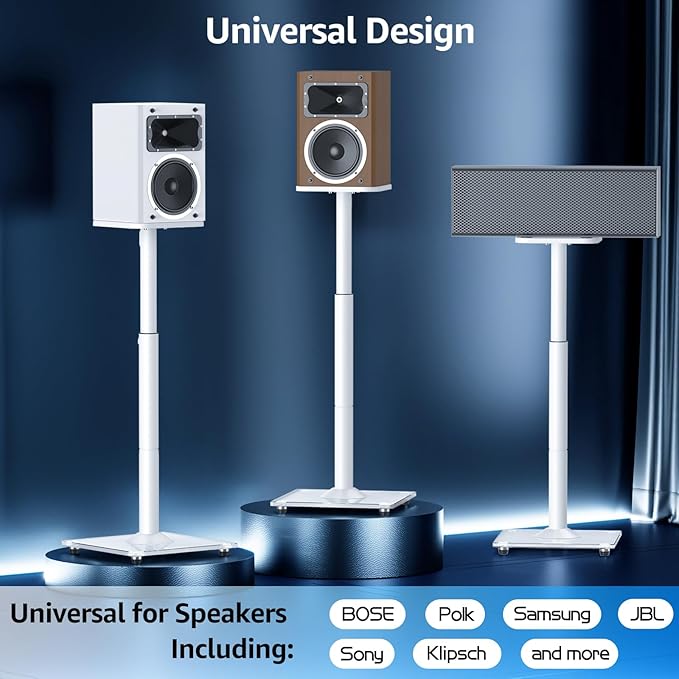 MOUNTUP Universal Speaker Stands Pair 28.3" to 37.4" Height Adjustable Floor Speaker Stands, Holds Bookshelf & Satellite Speaker Large Speaker, Up to 22LBS Cable Concealing 9.8" Plate White MU9132W-L