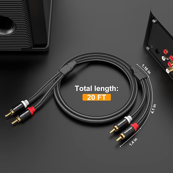 HOSONGIN RCA Cables 20ft 2 Pack[Hi-Fi Sound, Nylon Braided, Shielded], 2-Male to 2-Male RCA Audio Stereo Subwoofer Cable Auxiliary Cord for Home Theater, HDTV, Amplifiers, Hi-Fi Systems, Speakers