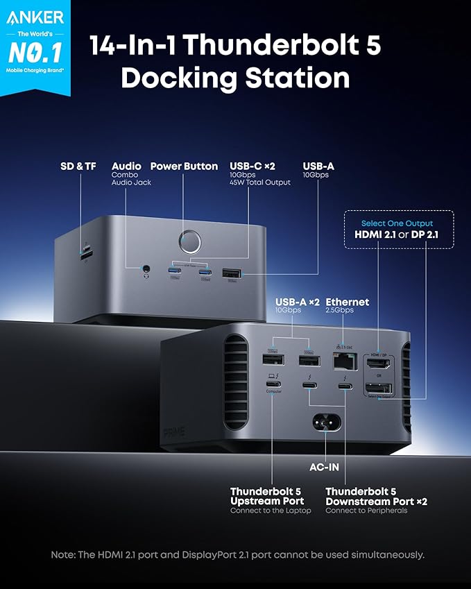 Anker Prime TB5 Docking Station, 14-in-1 Thunderbolt 5 Dock with 120Gbps Max Transfer, Thunderbolt Dock with 140W Max Charging, Cooling System, Ambient Lighting, Up to 8K for TBT 5/4 Laptops
