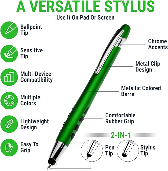Stylus Pen for Touch Screens & Ballpoint Writing Pens, with Sensitive Stylus Tip - 2 in 1, Compatible for Your Touch Screen Devices - Assorted Barrel Colors, Black Ink, 7 Pack