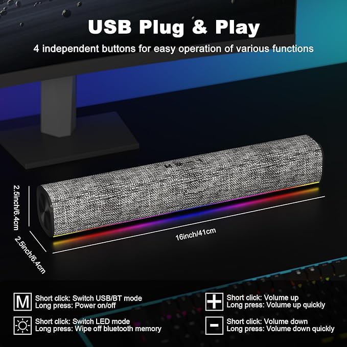 SOULION R100 Bluetooth Computer Speakers with Dynamic LED Light, USB Plug & Play PC Speakers with Switch Button, Clearly Sound Soundbar for Desktop Laptop Monitor(USB-C to USB Adapter Included)