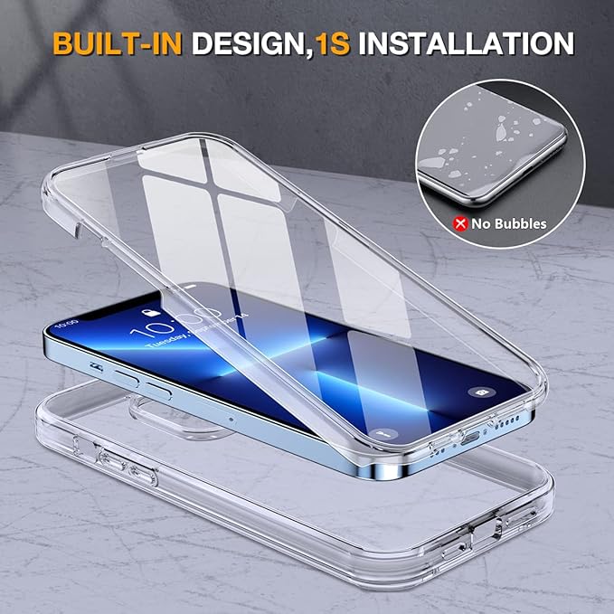 Miracase Glass Case for iPhone 13 Pro Max 6.7 inch, Upgrade Full-Body Clear Phone Bumper Case Cover with Built-in 9H Tempered Glass Screen Protector, Clear