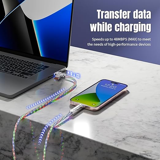4 in 1 Charging Cable Fast Charging 66W, USB C Cable 3.3 FT Chubby USB A/C to C/L Multi Charging Cable with Light for iPhone 16/15/14/13 Series/MacBook/iPad Pro/Samsung