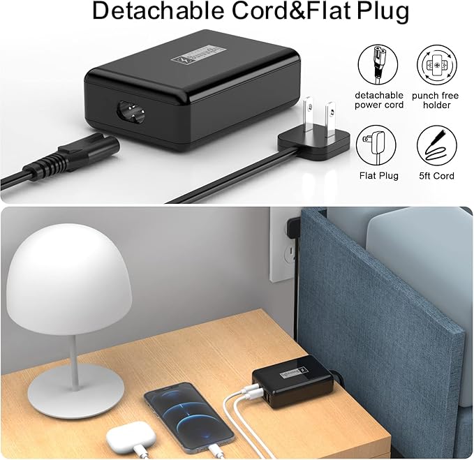 Fast Charger USB C 100W, 5 Ports Charging Blocks Ultra Thin Flat Plug, USB Charging Hub with 360° Rotated Adhesive Punch-Free Holder, Charging Station for Laptops, Tablets, Cellphones Stuff