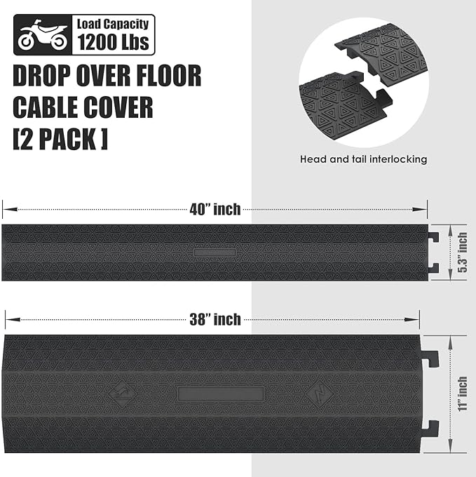 Double 40" inch Rubber Drop Over Cable Cover, 2 Pack Prevent Tripping Floor Cord Protector, Interlocking Cable Cover, Drop Track Cable Ramp, for Home, Office, Store, Warehouse (Wide - 2Pack)