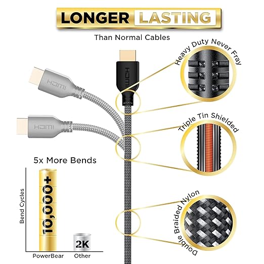 PowerBear 4K HDMI Cable 20 ft | High Speed Hdmi Cables, Braided Nylon & Gold Connectors, 4K @ 60Hz, Ultra HD, 2K, 1080P, ARC & CL3 Rated | for Laptop, Monitor, PS5, PS4, Xbox One, Fire TV, & More