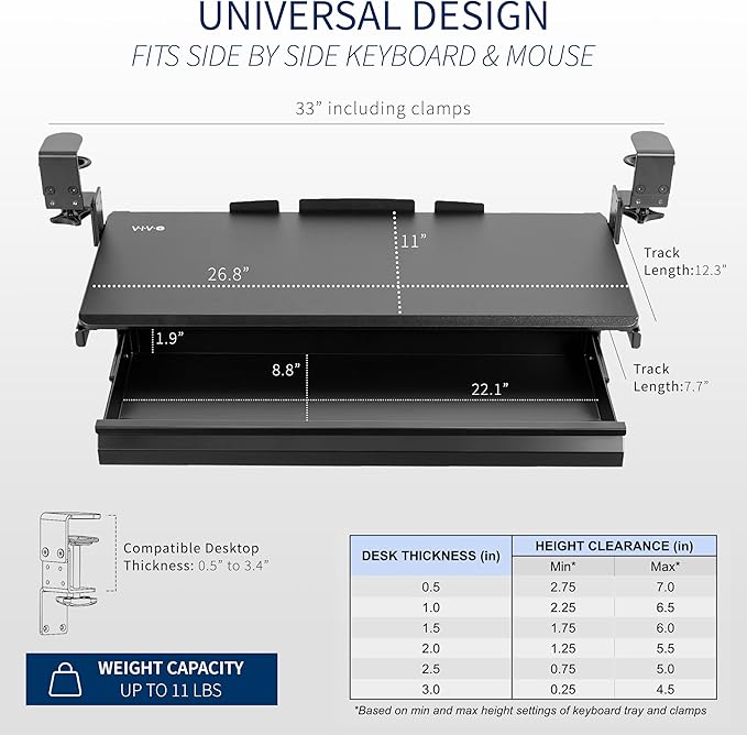 VIVO Large Height Adjustable Clamp-on Keyboard Tray, Extra Sturdy Pull Out Platform with Storage Drawer, 27 (33 Including Clamps) x 11 inch Slide-Out Tray with Organizer, Black, MOUNT-KB05HB-DR