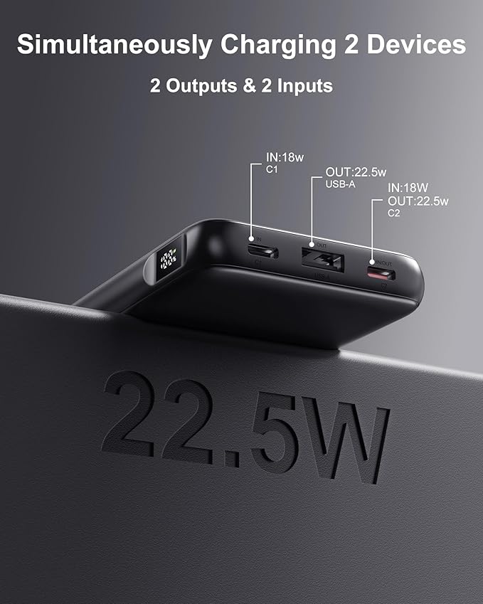 2-Pack 10000mAh Power Bank Fast Charging, 22.5W Compact USB C Portable Charger with 2 Outputs & 2 Inputs, LED Display Battery Pack Compatible with iPhone Samsung iPad Tablets, Black & Black