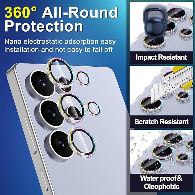 for Samsung Galaxy S25 Ultra Camera Lens Protector, Individual Metal Ring Tempered Glass Lens Cover, [Strong Adsorption] Scratch Resistant Ultra-Thin HD Clear Lens Cover,1 Set-Colorful Sparkly