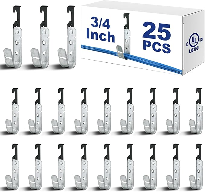 Zonon 25 Pcs J Hooks for Hanging Metal J Hook Hangers Cable Support with Bat Wing Heavy Duty G60 Galvanized Steel Cable Hooks for Attaching Ceiling Wire Threaded Rod, Ul Certification(3/4 Inch)