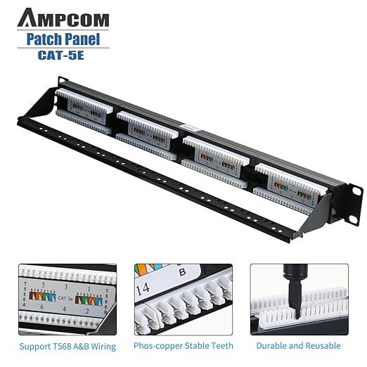 AMPCOM Premium Series CAT5/5e 24 Ports Patch Panel, Rack Mount - 1U, 19 inch, RJ45 Ethernet 568A 568B, 15u Gold Plated, with Rear Cable Support Bar