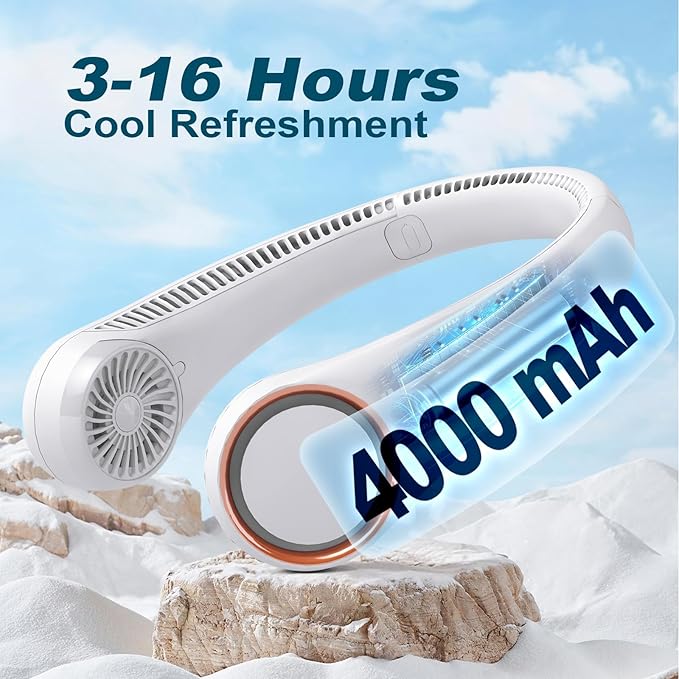 CIVPOWER Neck Fan: Portable Personal Neck Cooling Rechargeable Bladeless Fan - Hands Free 3 Speed 4000 mAh Battery USB Operated Wearable Headphone Design - for Men Women Outdoor Indoor (White)