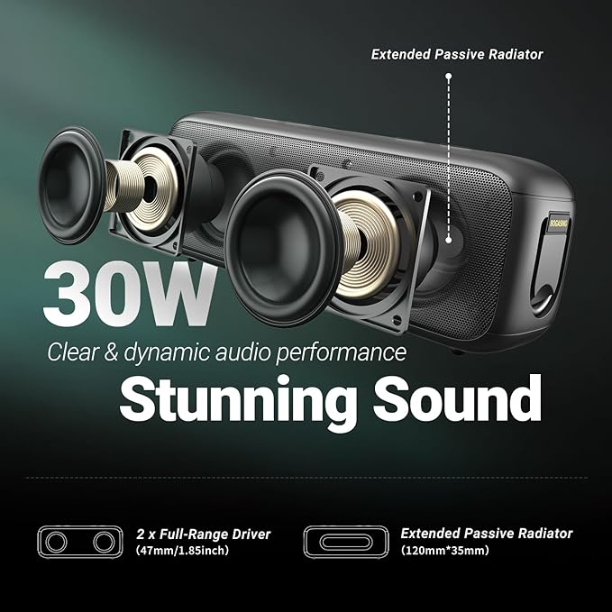 BOGASING G6 Bluetooth Speaker, Portable Wireless Speakers with 30W Punchy Sound, 35H Playtime, IPX6 Waterproof, Bluetooth 5.3, Built-in Mic, EQ, TF-Card, AUX, USB Stick for Outdoors Hiking (Beige)