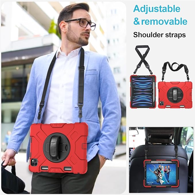 Case for iPad Pro 11 Inch 2022/2021/ 2020/2018: Silicone Cover for iPad 11 Inch 4th/ 3rd/ 2nd/ 1st/ Generation with Screen Protector- Stand- Handle- Shoulder Strap- Pencil Holder- Red