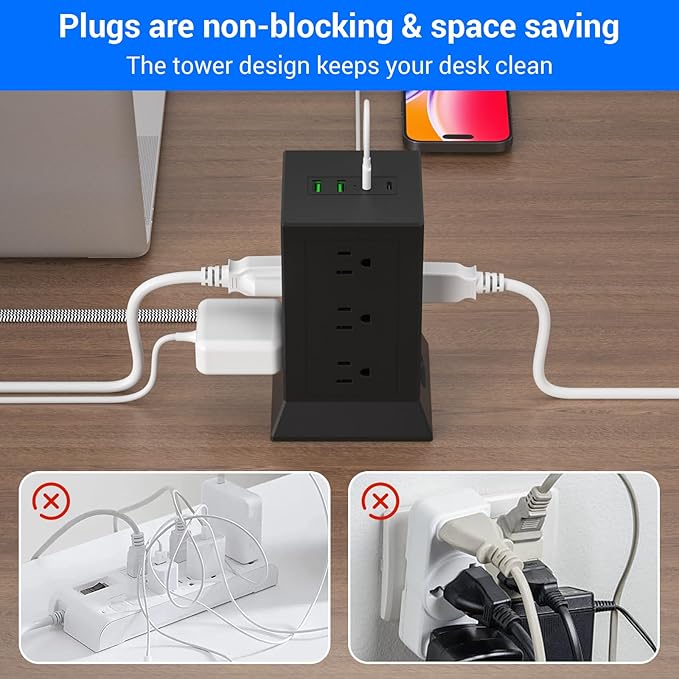 Power Strip Tower with Multiple Outlets, 6.5 Ft Extension Cord Flat Plug with 12 AC Outlets 4 USB Ports (2 USB C), Power Tower Surge Protector with Individual Switches for Home Office Dorm Room, Black
