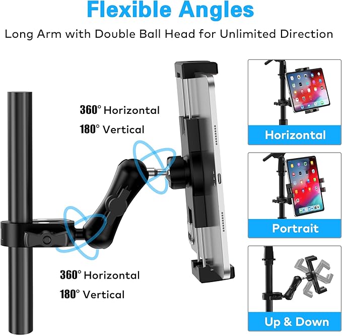 Treadmill Tablet iPad Holder, Aluminum Indoor Exercise Bike Handlebar Mount Clamp for Stationary Elliptical Bicycle Peloton Spin Bike Stroller, Compatible with 4.7"-12.9" Tablets/iPad/Phones