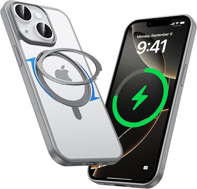 MAGIC JOHN 360° Rotatable Magnetic Invisible Stand for iPhone 14/iPhone 13 Case [Anti-Slip Grip] [Compatible with MagSafe] 16FT Shockof for iPhone 14/13 Case with Kickstand, Gray