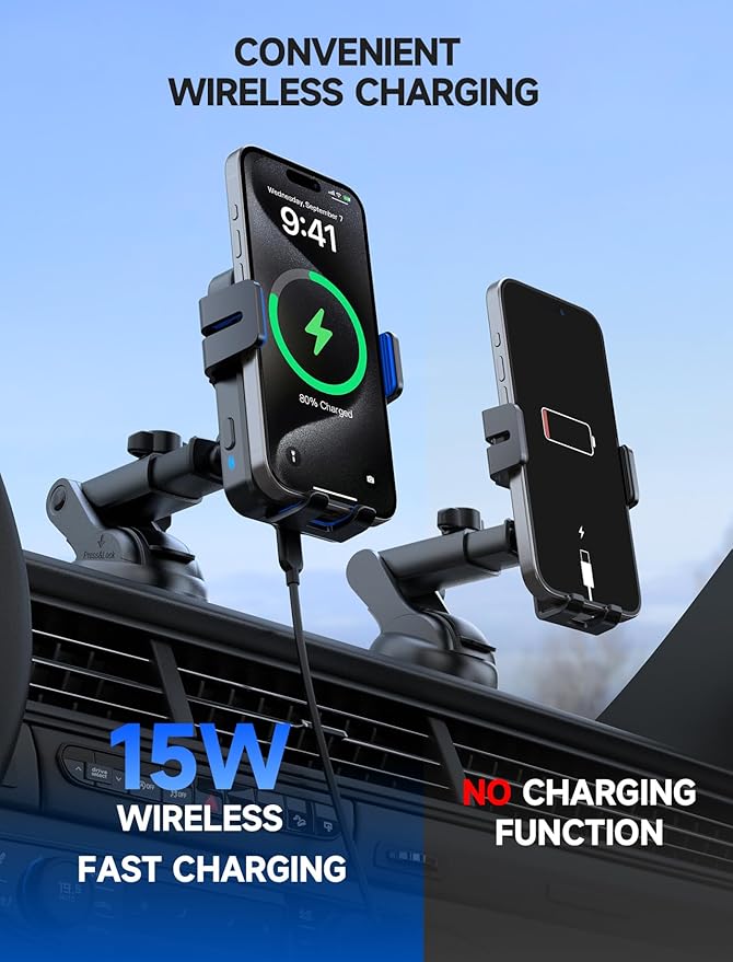 MOKPR Wireless Car Charger, 15W Auto Clamping Car Charger Dash Windshield Air Vent Phone Holder Compatible with iPhone 16 15 14/13/13 Pro/12 pro/12/11/X/8, Samsung S24/S23/S22, Blue