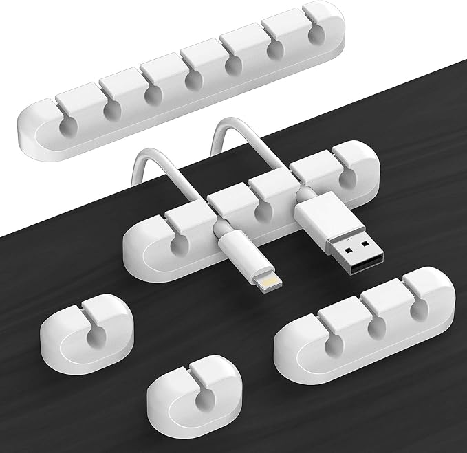 Cord Organizer Cable Holder Management – 5 Pack White Cable Clips Cord Holder for Nightstand, Desk, Car | Adhesive Cable Organizer Wire Holders for Cords, Charger, Office, Desk