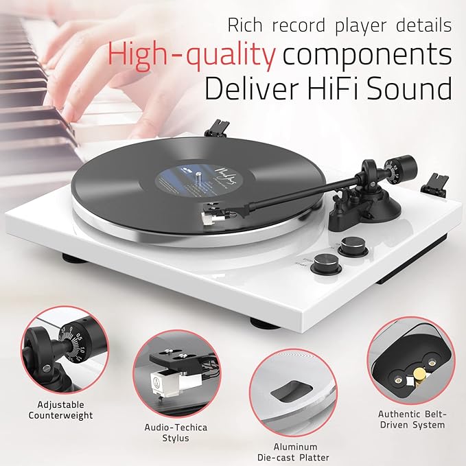 Record Player Turntables with Wireless Output Connectivity Vinyls Players Belt-Drive 33 45 RPM Speed Phono Line USB Digital to PC Recording MM Cartridge AT-3600L Classic New Sleek Piano White
