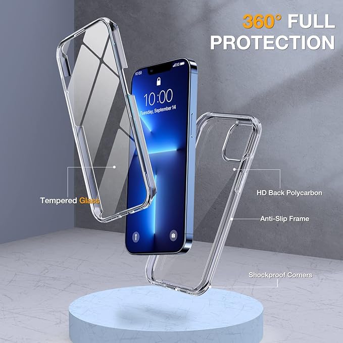 Miracase Glass Case for iPhone 13 Pro Max 6.7 inch, Upgrade Full-Body Clear Phone Bumper Case Cover with Built-in 9H Tempered Glass Screen Protector, Clear