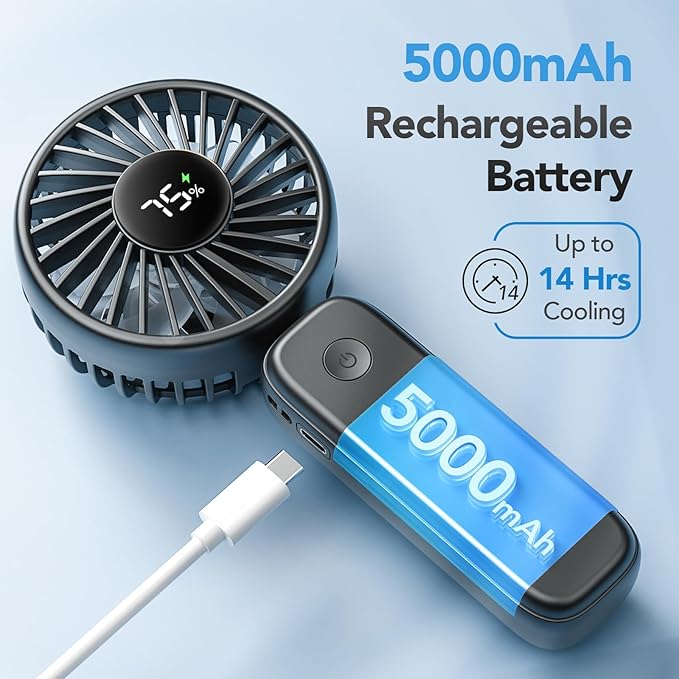 PANERGY Portable Handheld Fan, 5000mAh Rechargeable, 14H Max Cooling Time, 4 Gear Wind & LED Display, 90° Foldable Design, 3-IN-1 Mini Fan for Travel Working Concerts Makeup - Black
