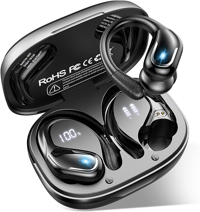 Ltinist Wireless Earbud, Bluetooth 5.3 Headphones Pure Bass Sound with Earhooks, 75H Battery Over Ear Headphones with Dual-LED Display, IP7 Waterproof Earphones Built-in Microphone for Running Sports