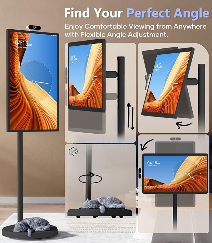 Cozyla Mate 32 Inch Mobile Portable TV Stand on Wheels Support Google Store Full Swivel Rotation Portable Touch Screen Monitor Built-in Battery Smart Rolling Tablet TV 4K Camera Remote Control Black