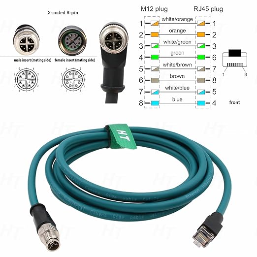 M12 Ethernet 8 Pin X-Code Male to RJ45 CAT-7e Gigabit Cable for Baumer Cognex is 2800 3800 8000 260 470 Reader Camera Sensor (8 Meter)