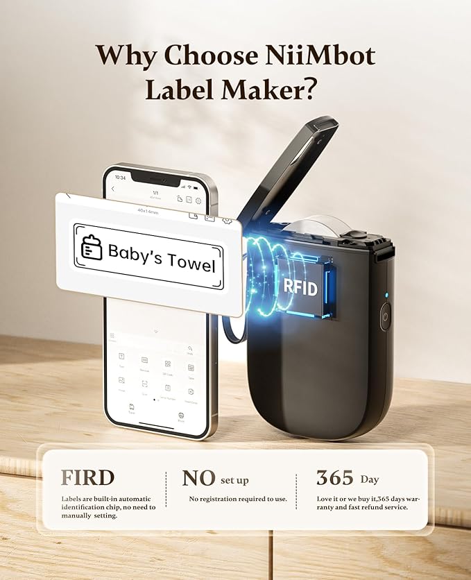 NIIMBOT Label Maker Bluetooth Mini Label Printer D11 2024 Version, Portable Label Maker with Tape Thermal Sticker Small Labeler, 300 DPI High Clearity Rechargeable, Black