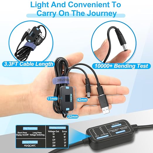 FARSENSE USB C to DC Adapter,Barrel PD Trigger Cable(3.3ft) with 10 Connector Tips,USB to DC Power Cable can Switch Voltage by Pressing The Key,Support LED Display Voltage