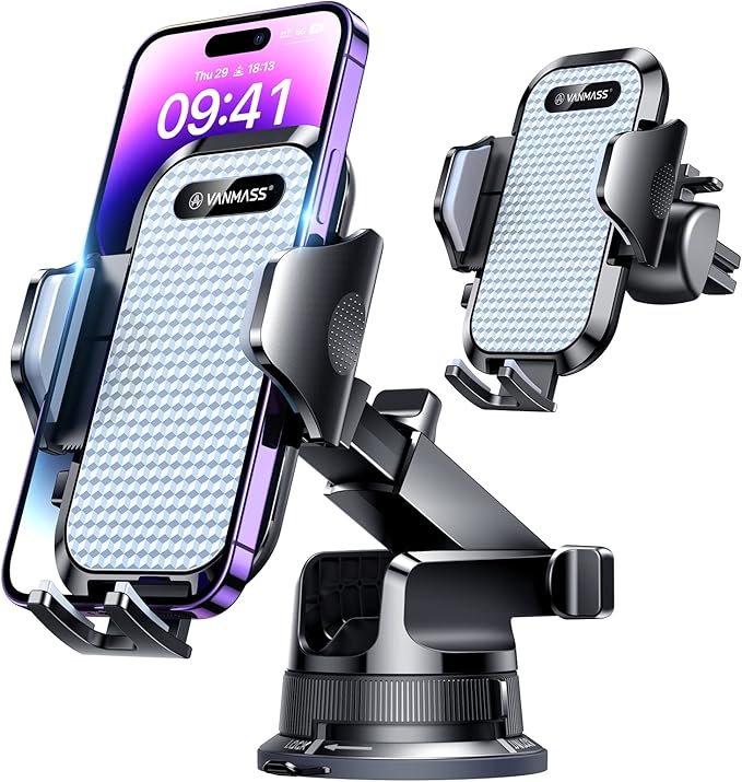 [Pro Version] VANMASS Universal Car Phone Mount [Super Suction Cup] Dashboard Phone Holder, Handsfree Windshield Dash Vent Phone Holder Car, Compatible for iPhone 16 15 14 13 Samsung LG & Truck,Silver