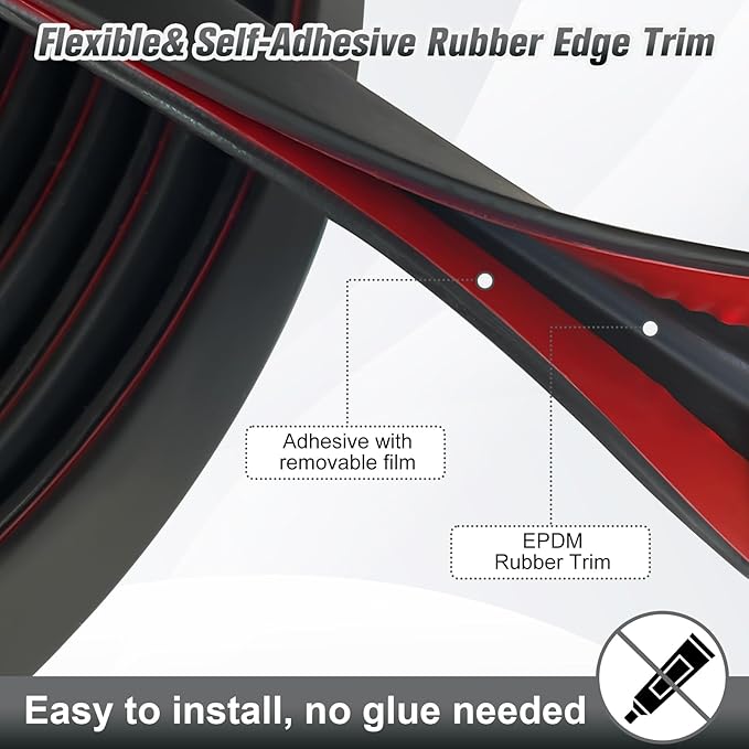 Edge Trim, 1/8" Rubber Edge Trim, Flexible Self Adhesive U Channel Edge Protector for Glass, Mirror, Plywood, Steel Panel Sharp Edges, U Shaped Peel and Stick Trim, Black Color, 20Ft