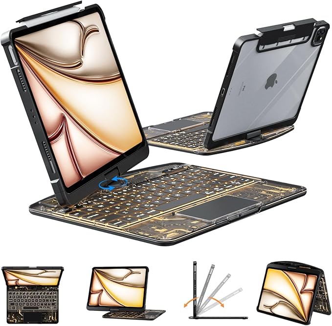 KARTICE Transparent 360 Keyboard Case with Wireless Keyboard for iPad Air 11 Inch 2024, 10.9" iPad Air 5th/4th, 11" iPad Pro 4/3/2/1 360° Rotating Stand