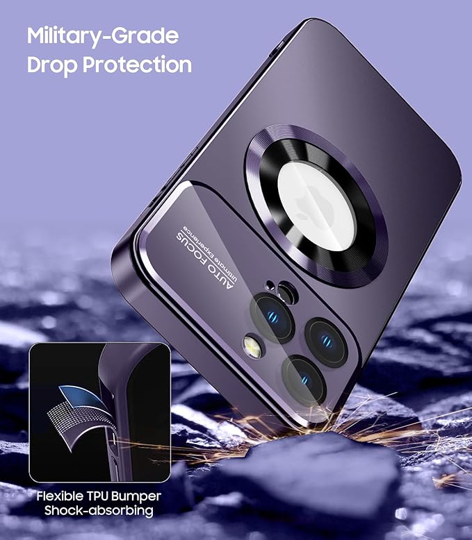 Magnetic for iPhone 14 Pro Max Case, Compatible with MagSafe, Built-in Camera Lens Protector, Logo View, Military Grade Drop Proof Phone Case Cover, Purple