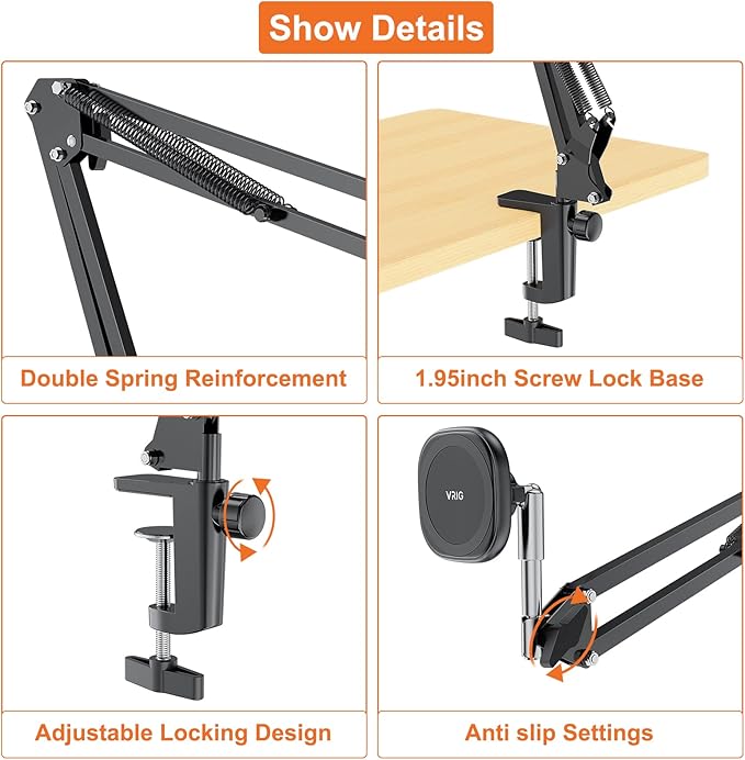 UURIG Overhead Phone Mount Stand with Magsafe, Articulating Arm Cell Phone Holder for Desk, Cell Phone Holder for Live Streams, Zoom Calls, Online Teaching, Selfies, Remote Working