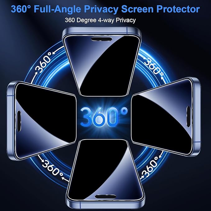 OneFish for iPhone 14 Pro Privacy Screen Protector, 4-Way 360° Anti-Spy Tempered Glass, 9H Hardness, HD Clear, Anti-Fingerprint 3D Curved Edges, Case-Friendly & Easy Installation [2 Pack]