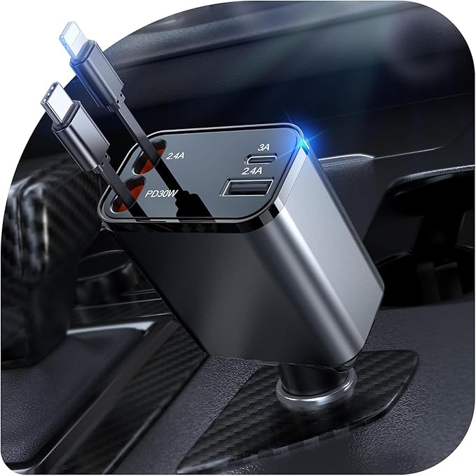 69W Retractable Car Charger, 4-in-1 Fast Car Phone Charger with 2.6ft Two Retractable Cables and USB C+USB A Car Charging Block Cube, Compatible with iPhone 16 15 14 13 12 Pro Max Plus,Galaxy,Pixel