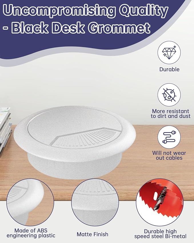 Desk Grommet 3-1/8 inch (80mm) 8 Pieces - White Desk Cable Grommet Desk Cable Hole Covers with Hole Saw for TV, Office, Wires Through Countertop and Home Table