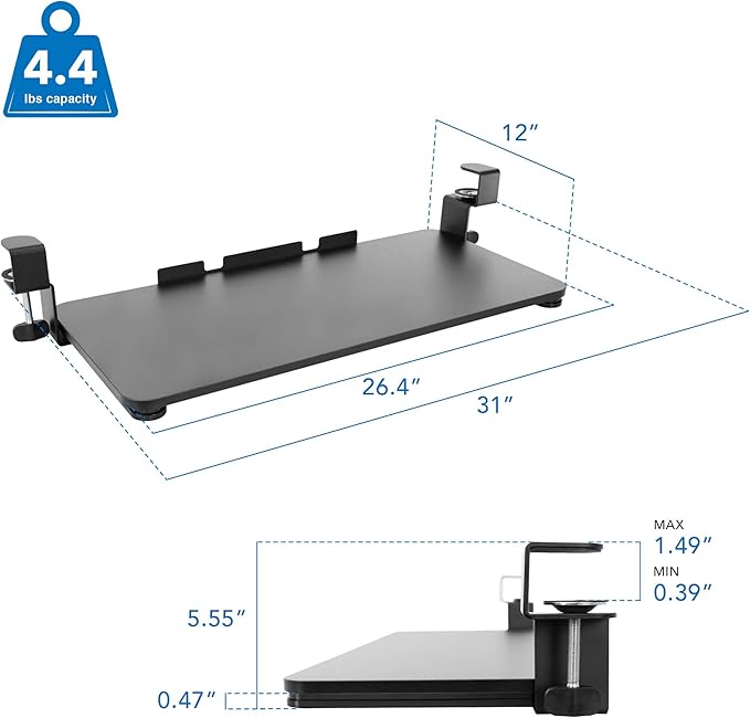 Mount-It! Under-Desk Keyboard Tray, Slide-Out Clamp-On Keyboard and Mouse Drawer, 26.4" W x 11.8" D Ergonomic Retractable Platform for Typing, No-Drill Installation, Black