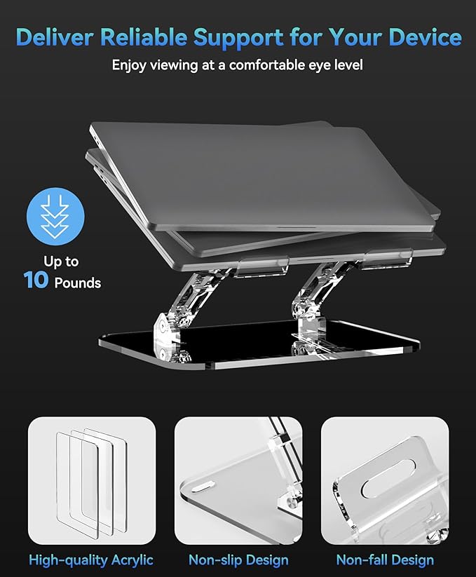 2 Pack Acrylic Laptop Stand for Desk, Adjustable Ergonomic Laptop Riser, Portable Foldable Computer Stand, Compatible with 10 to 15.6 Inches Notebook and MacBook, Clear